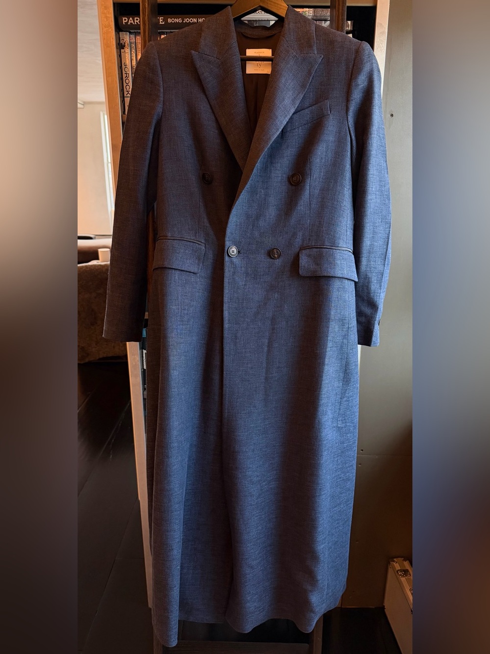 Eleventy Navy Double-Breasted Long Trench Coat